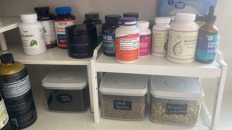 pantry shelves with various supplements